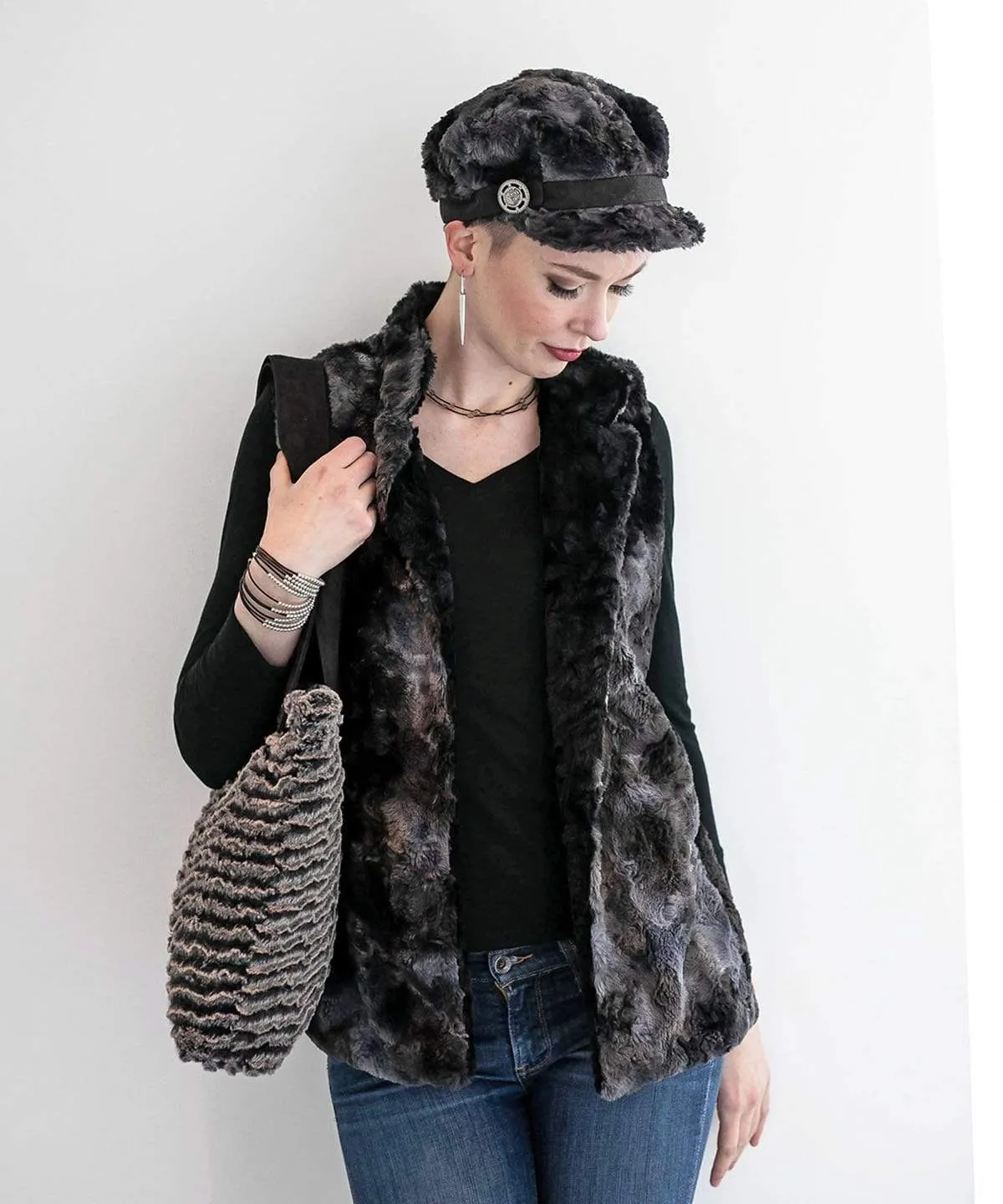 Mandarin Vest Short, Reversible less pockets - Luxury Faux Fur in Highland in Skye with Cuddly Fur