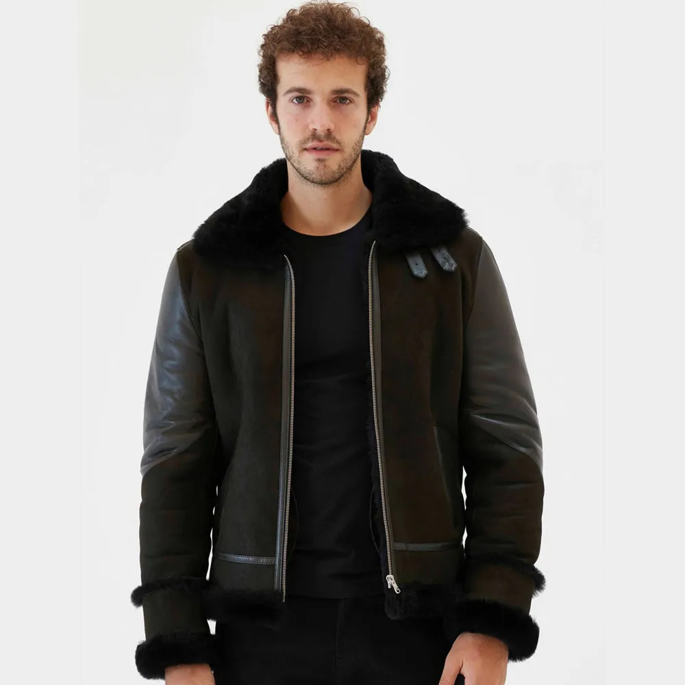 Men Aviator Black Shearling Jacket