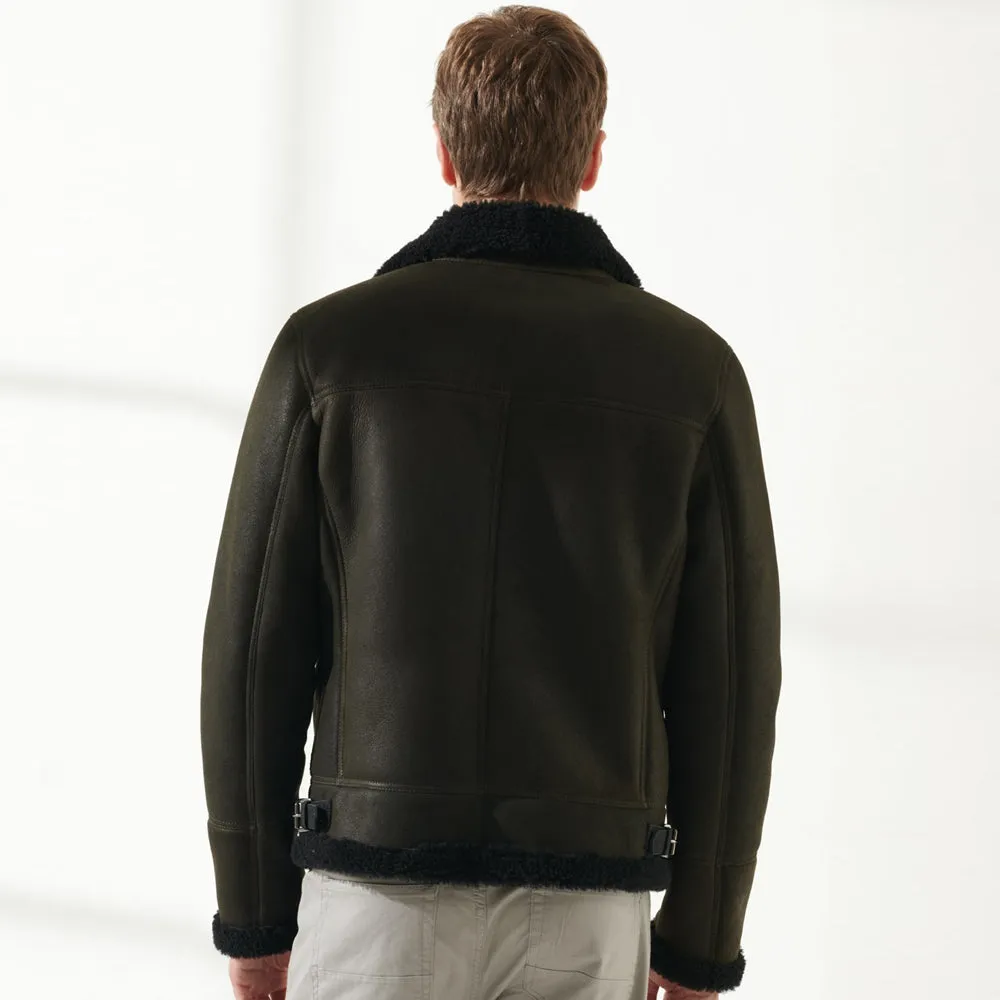 Men Aviator Dark Green Shearling Leather Jacket