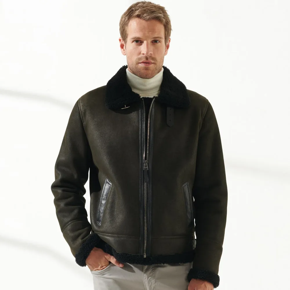 Men Aviator Dark Green Shearling Leather Jacket