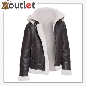 Men Black Shearling Leather Jacket With Hoodie