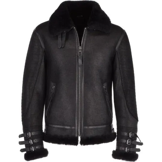 Men's Black Aviator Flight Bomber Shearling Leather Jacket