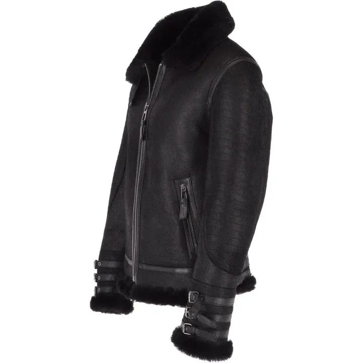 Men's Black Aviator Flight Bomber Shearling Leather Jacket