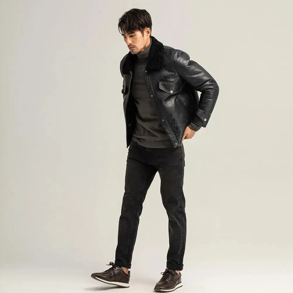 Men's Black Shearling Pilot Sheepskin Leather Jacket