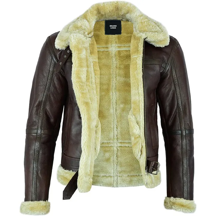 Men's Brown Shearling Leather Aviator Jacket