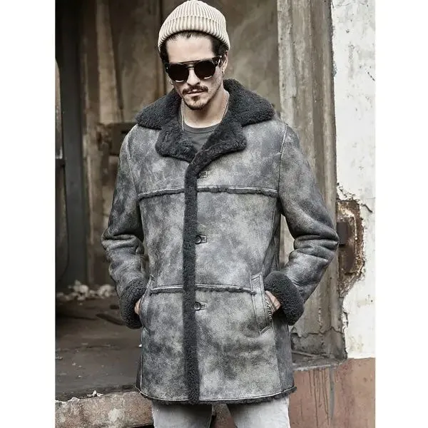 Men's Shearling Bomber Jacket Hunting Leather Jacket Winter Coat