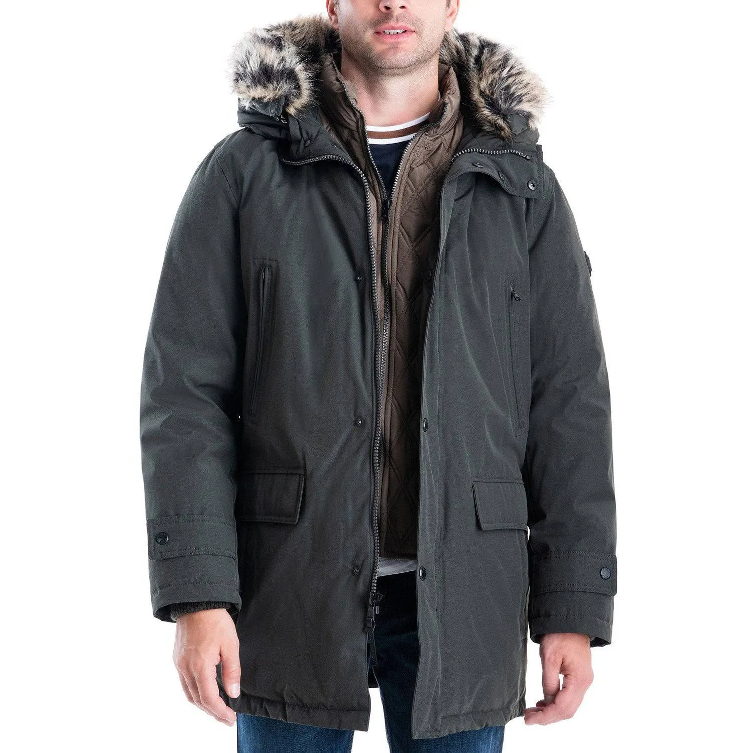 Michael Kors Men's Heavyweight Hooded Snorkel Parka with Stand Collar with Attached Faux-fur Trim Hood