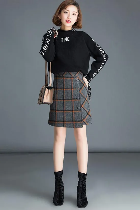 Midi plaid wool skirt for women's autumn and winter in cusual style S034