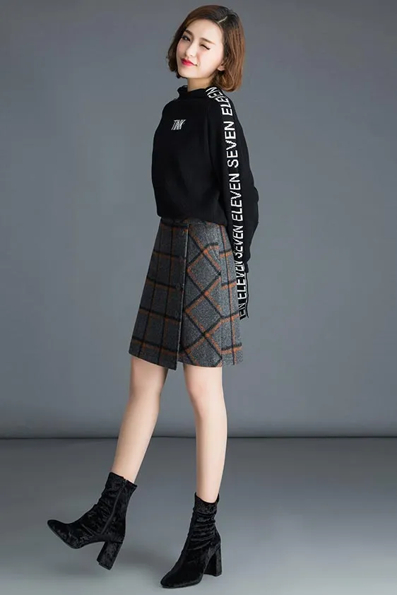 Midi plaid wool skirt for women's autumn and winter in cusual style S034