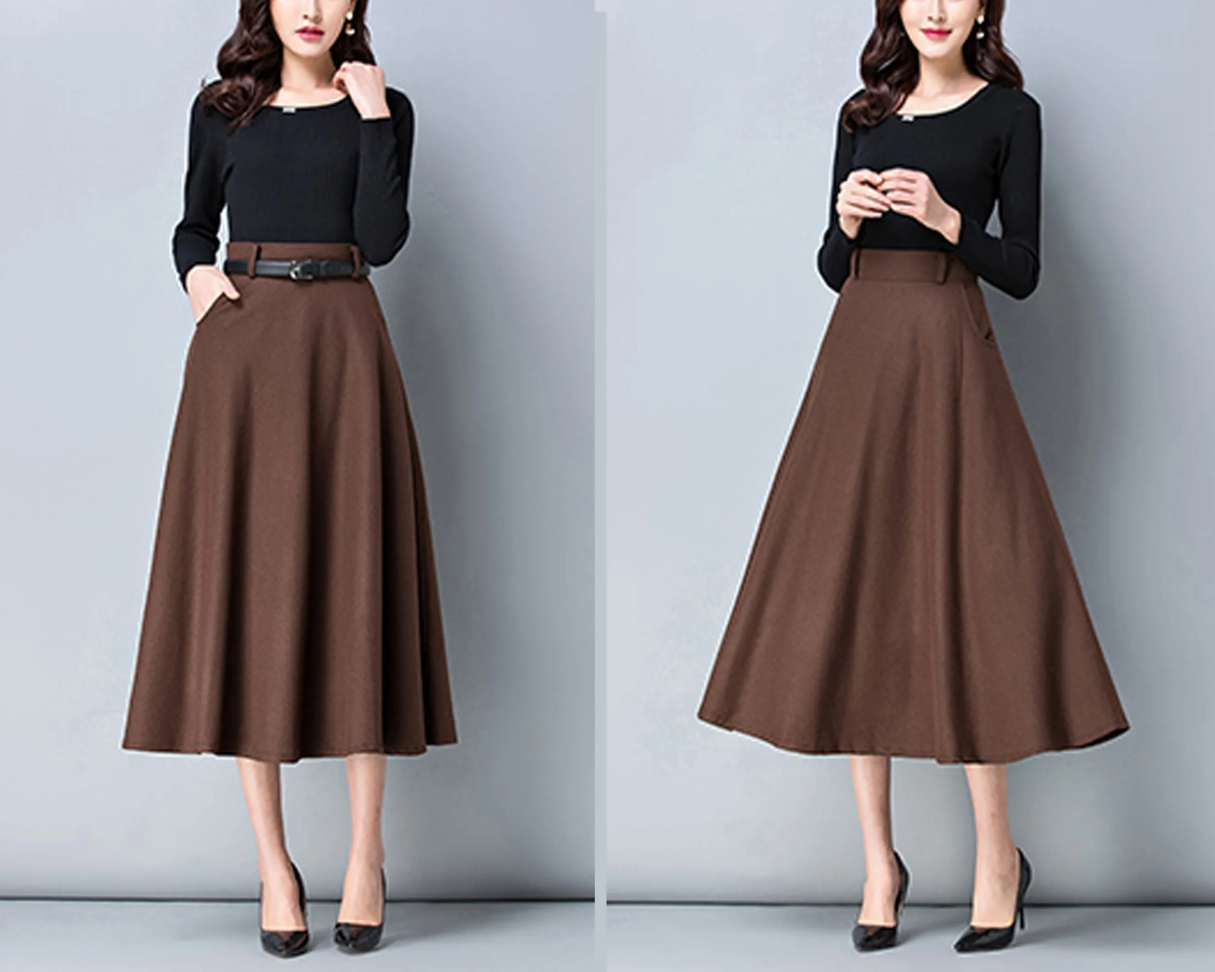 Midi skirt, Wool skirt, Winter skirt, dark gray skirt, long skirt, vintage skirt, high waist skirt, flare skirt, Wool skirt with belt Q0025