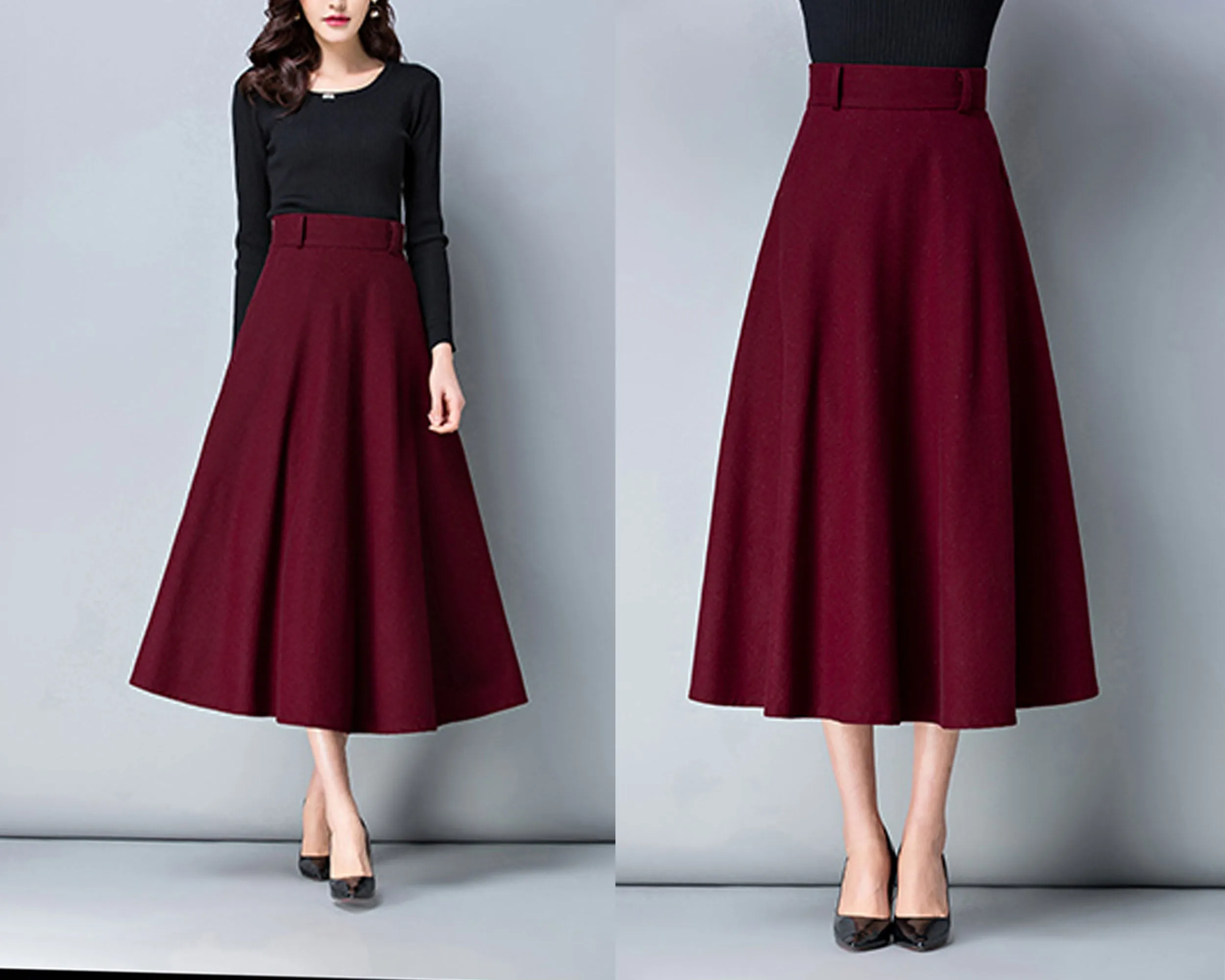 Midi skirt, Wool skirt, Winter skirt, dark gray skirt, long skirt, vintage skirt, high waist skirt, flare skirt, Wool skirt with belt Q0025