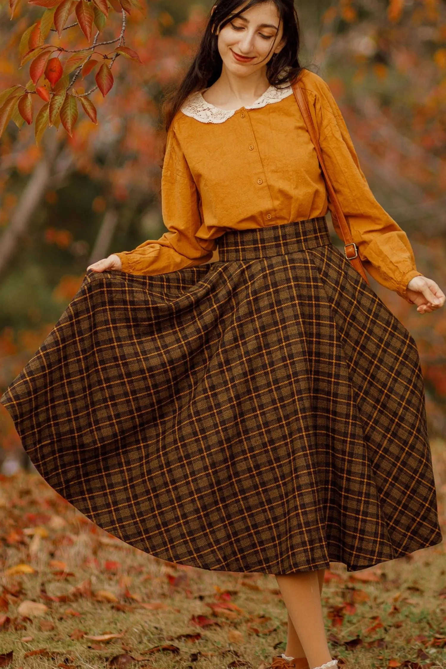 Midi Wool Plaid Circle Skirt For Women 4733