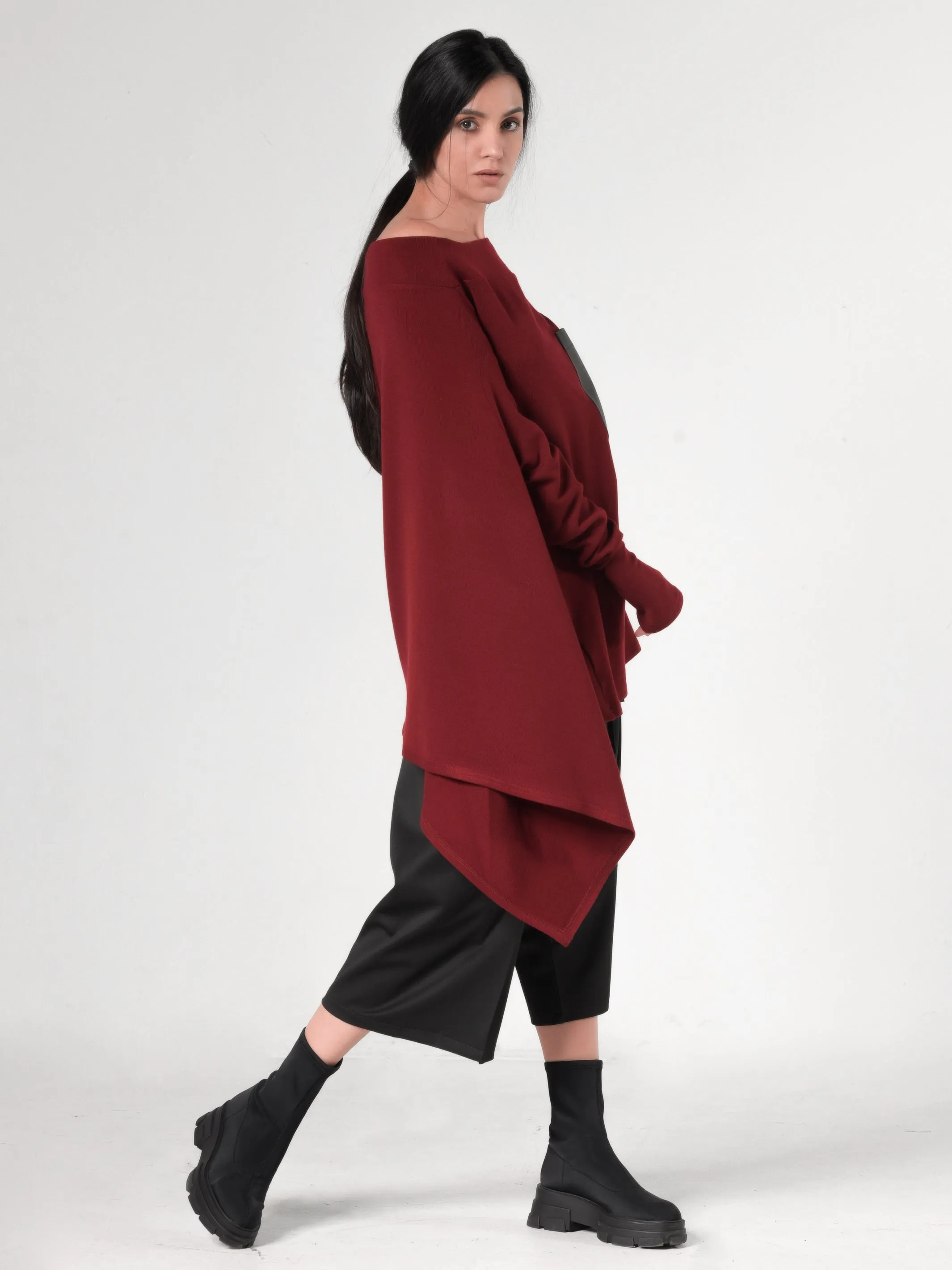 Oversize Knitted Tunic In Burgundy