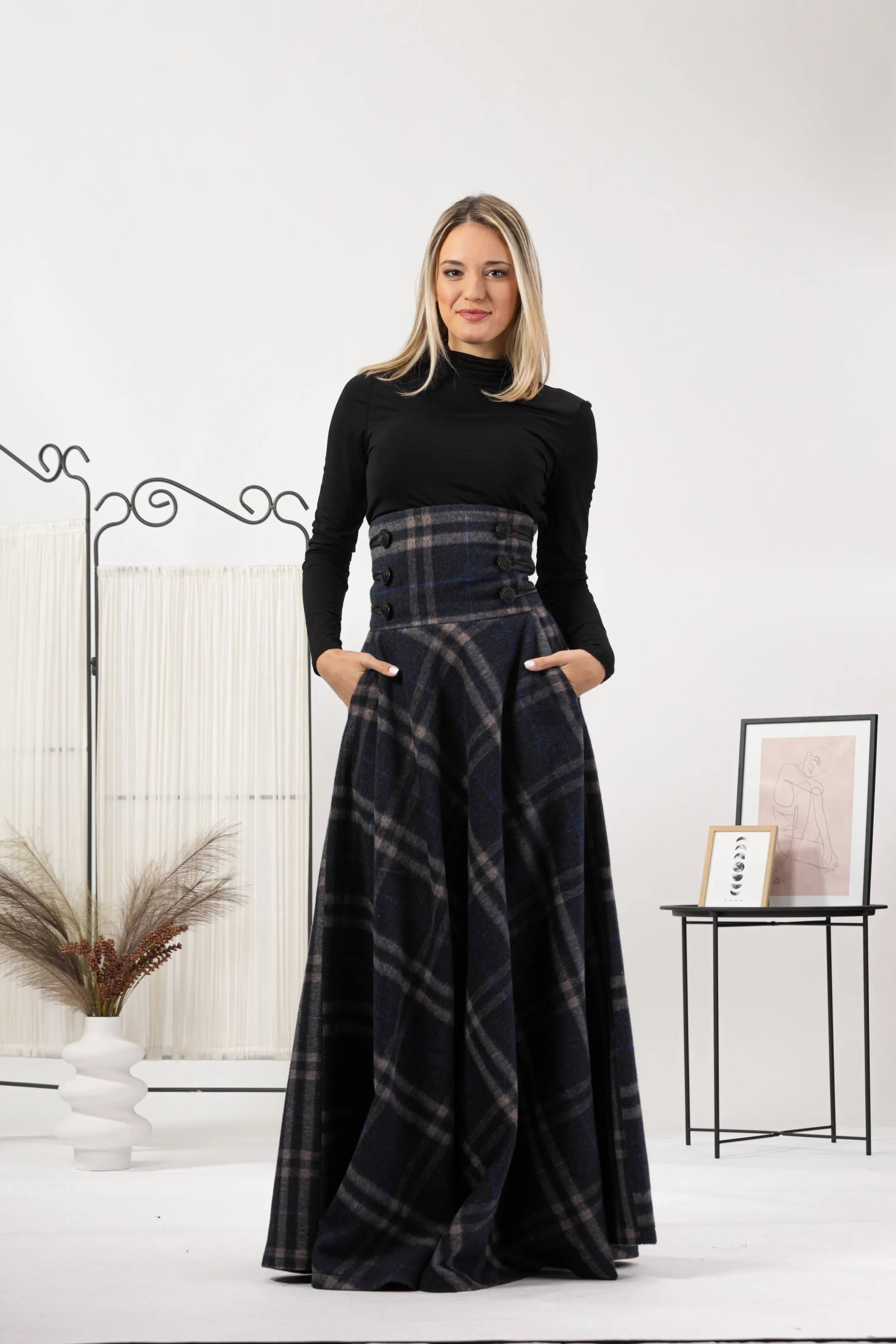 Plaid Winter Wool Maxi Skirt