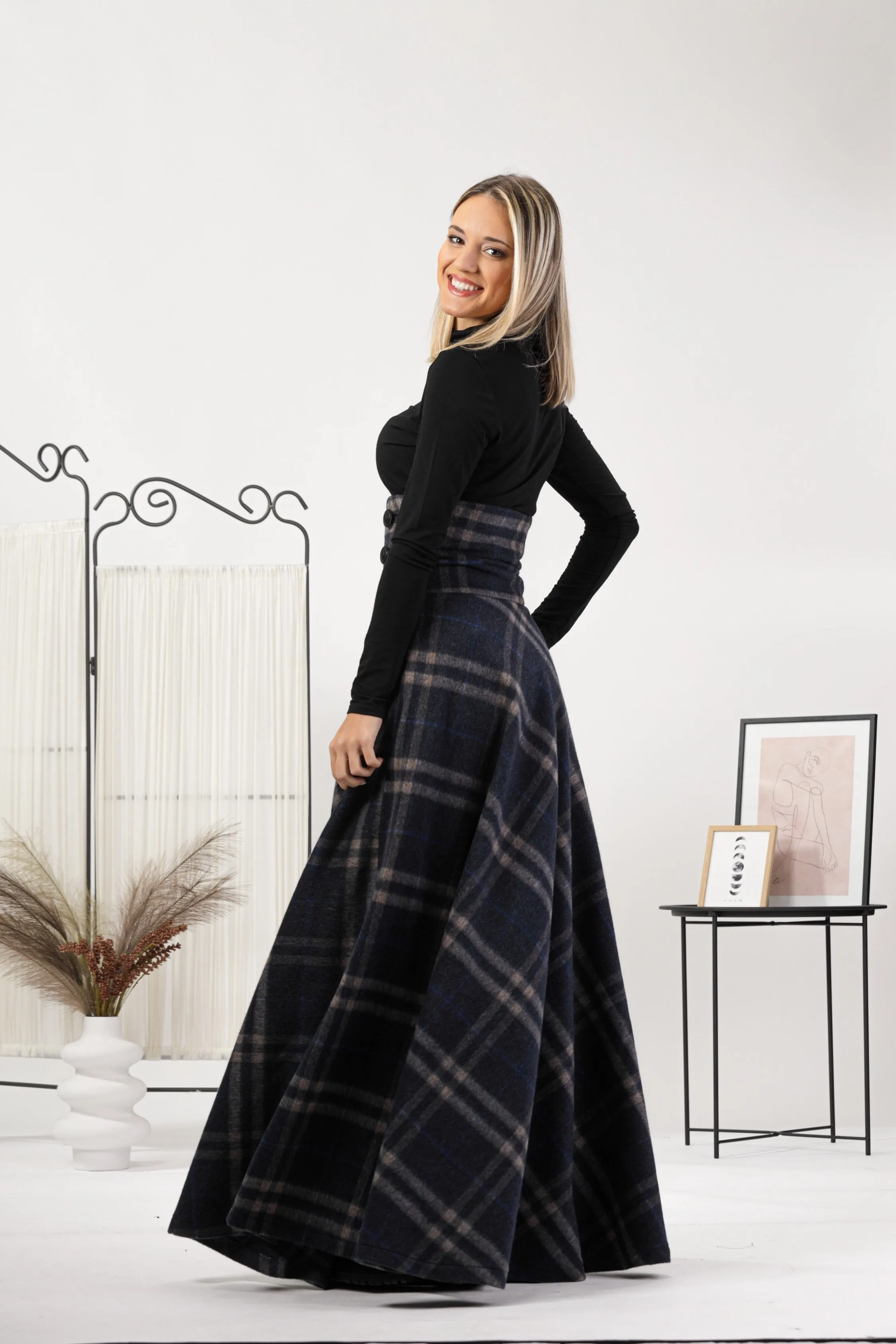 Plaid Winter Wool Maxi Skirt