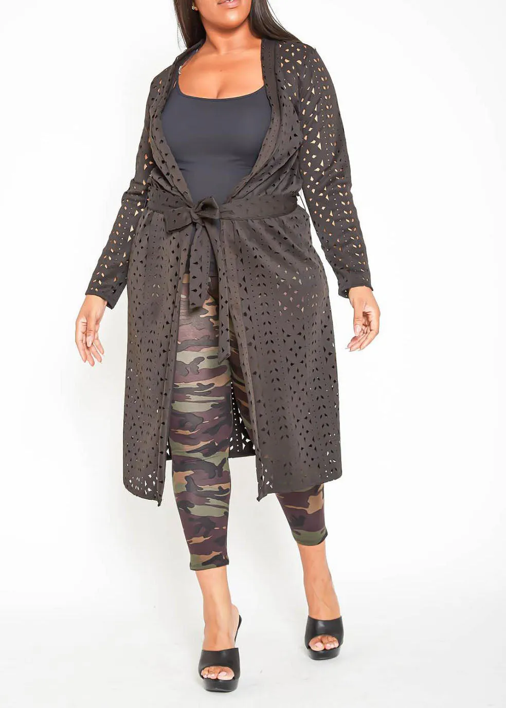 Plus Size Geometric Keyhole Designed Longline Cardigan