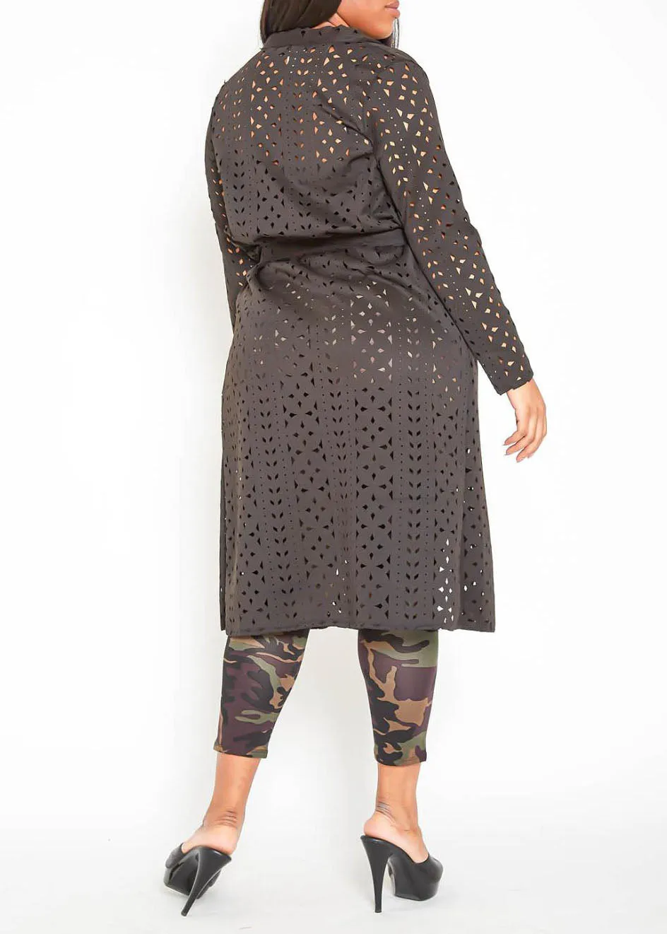 Plus Size Geometric Keyhole Designed Longline Cardigan