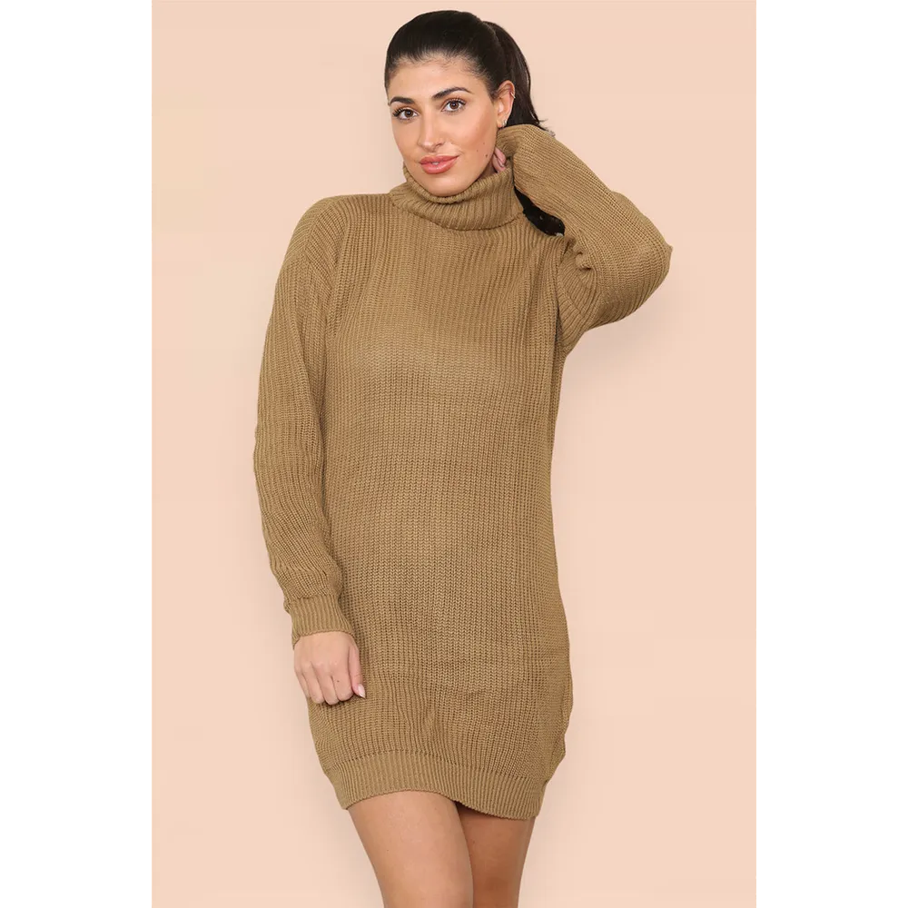 Polo Roll Neck Over Sized Ribbed Knitted Florescent Chunky Jumper Dress