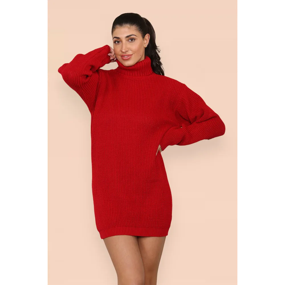 Polo Roll Neck Over Sized Ribbed Knitted Florescent Chunky Jumper Dress