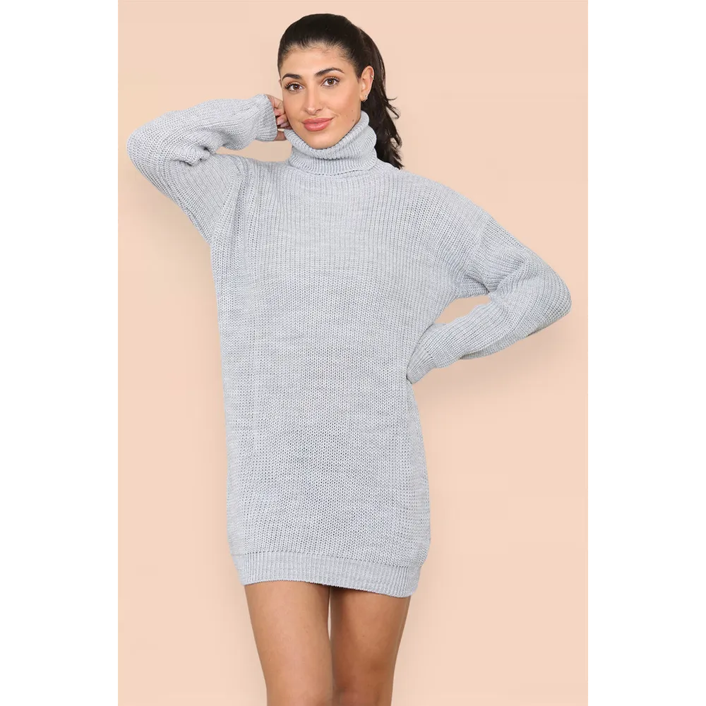 Polo Roll Neck Over Sized Ribbed Knitted Florescent Chunky Jumper Dress