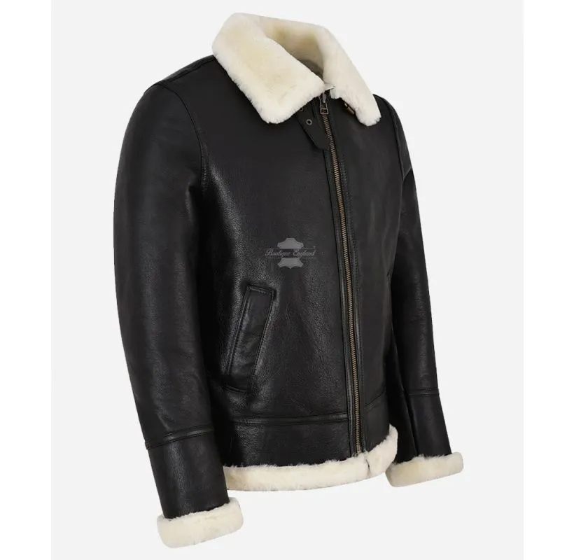 RAF MEN'S Classic Shearling Sheepskin Jacket Black B3 Bomber Jacket