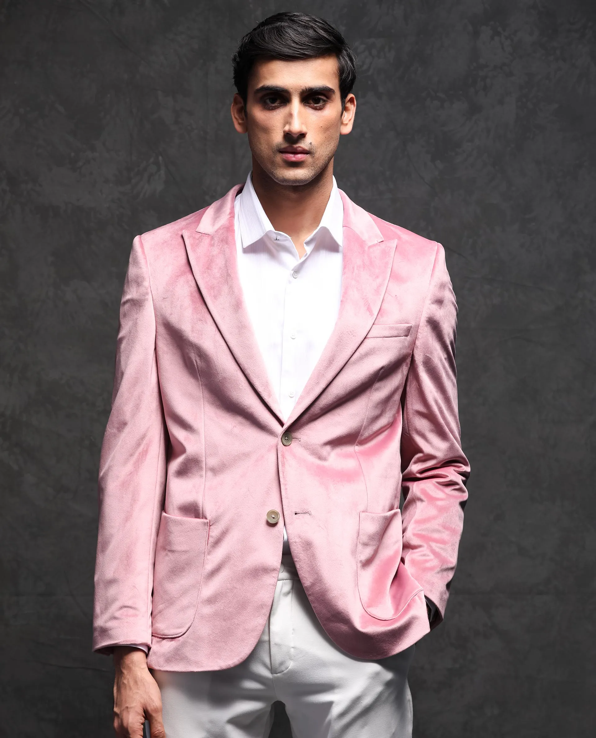 Rare Rabbit Men's Mazey Pink Polyester Fabric Peak Lapel Single Breasted Tailored Fit Velvet Blazer