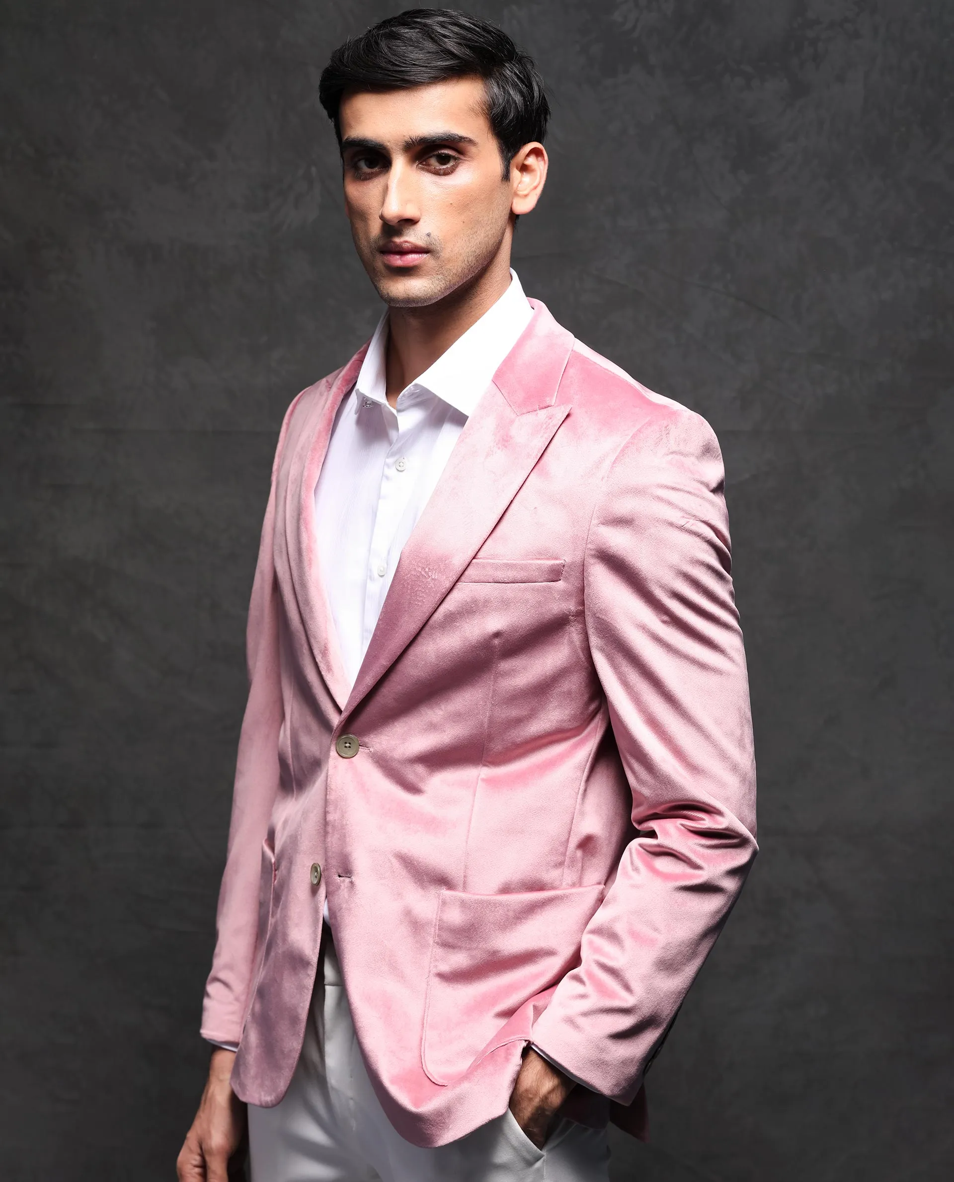 Rare Rabbit Men's Mazey Pink Polyester Fabric Peak Lapel Single Breasted Tailored Fit Velvet Blazer