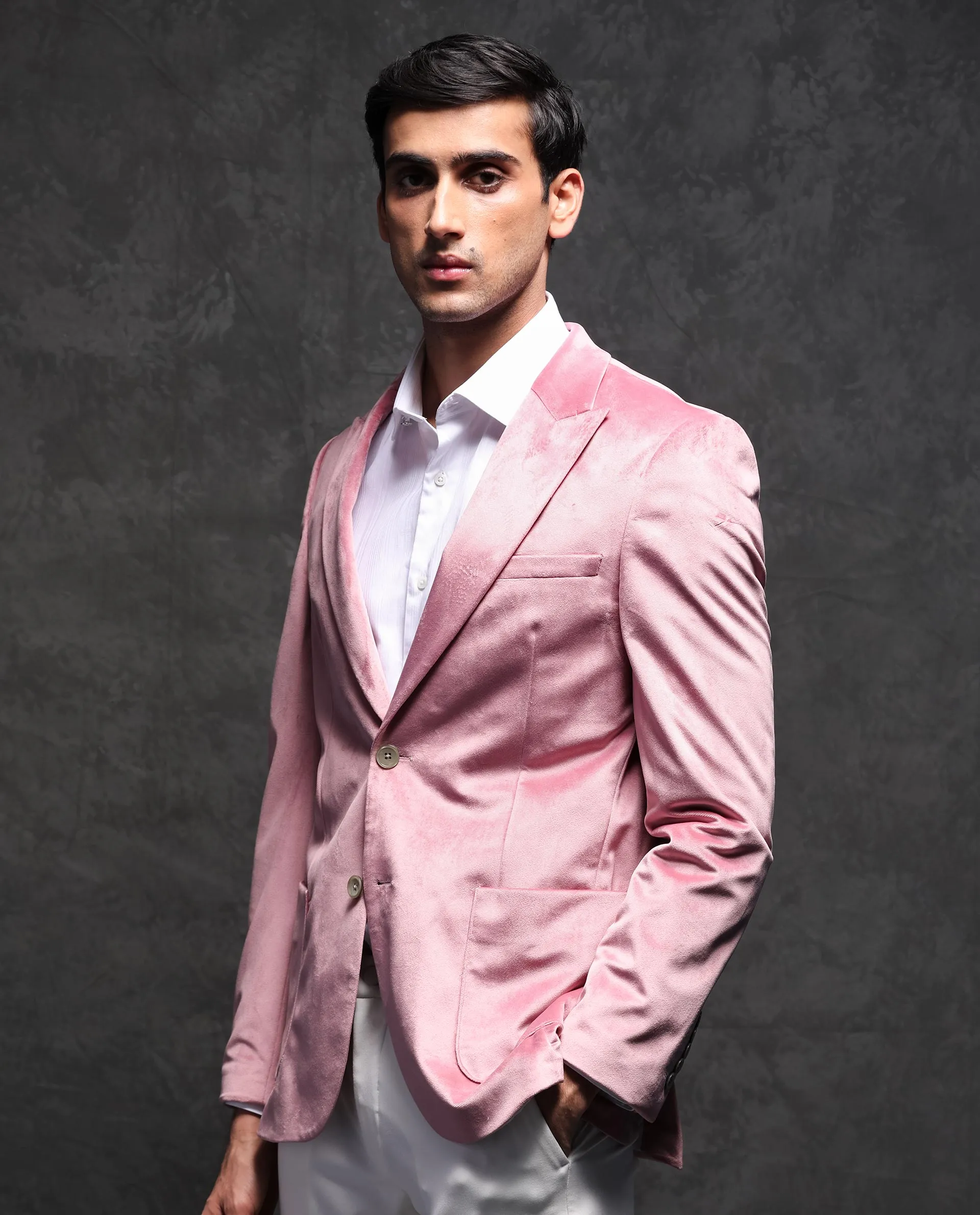 Rare Rabbit Men's Mazey Pink Polyester Fabric Peak Lapel Single Breasted Tailored Fit Velvet Blazer