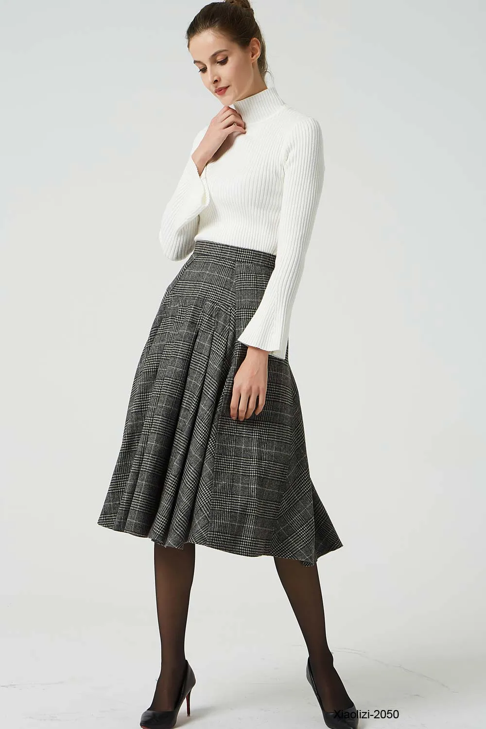 retro plaid wool skirt, pleated knee length skirt 2050