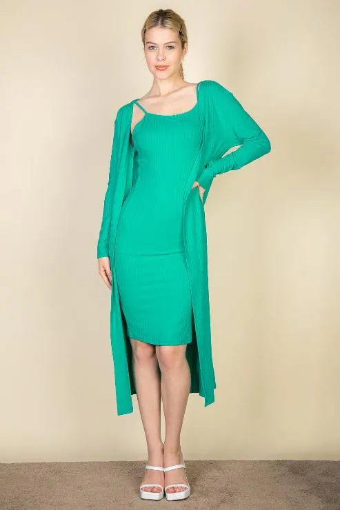 Ribbed Cardigan & Cami Midi Bodycon Dress (CAPELLA)