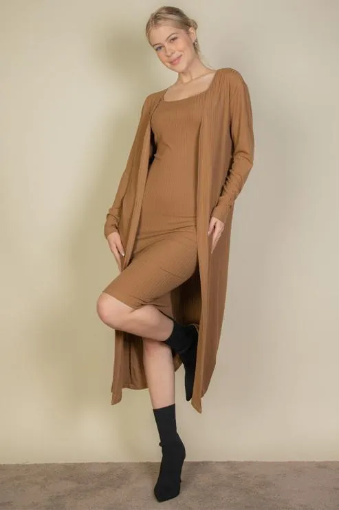 Ribbed Cardigan & Cami Midi Bodycon Dress (CAPELLA)