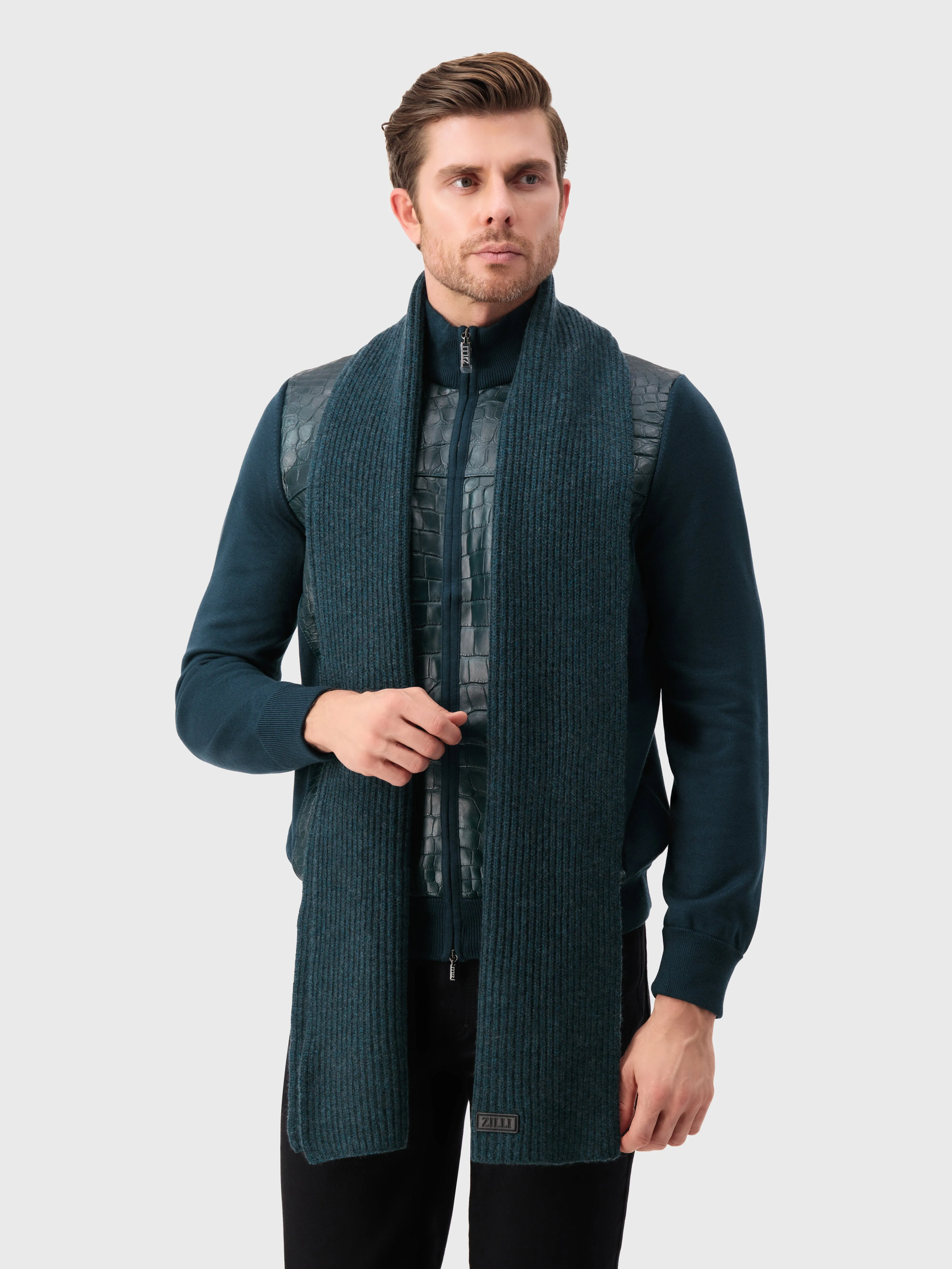 Ribbed Knit Wool and Cashmere Scarf Dark Green