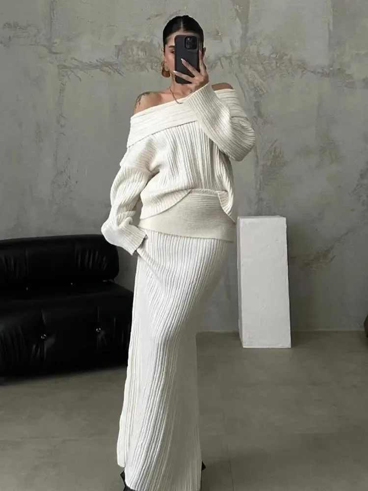 Ribbed Off Shoulder Knitted Sweater Top and Skirt Set