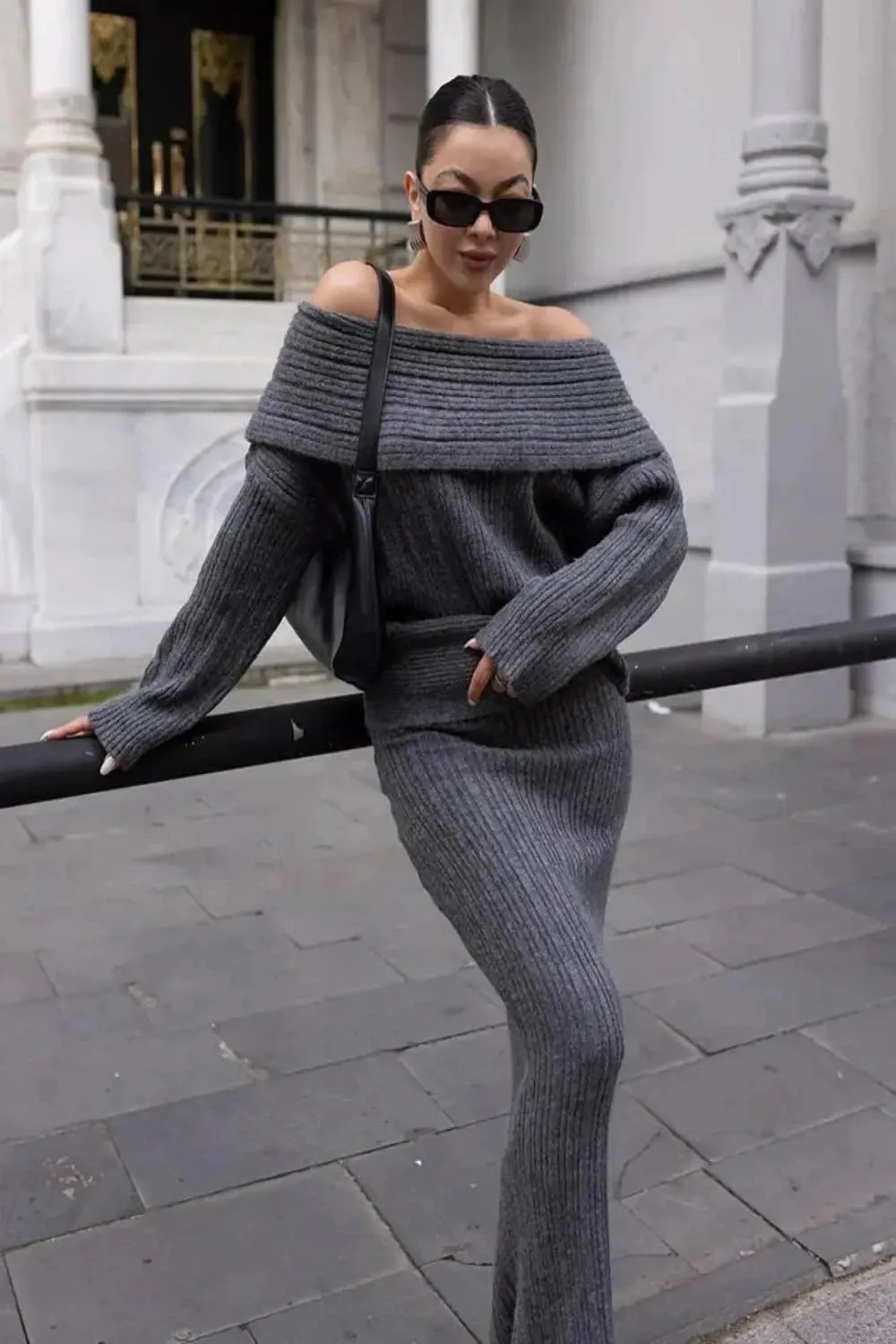 Ribbed Off Shoulder Knitted Sweater Top and Skirt Set