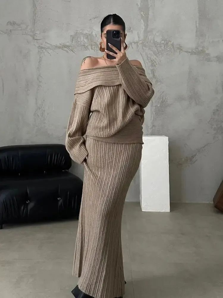 Ribbed Off Shoulder Knitted Sweater Top and Skirt Set