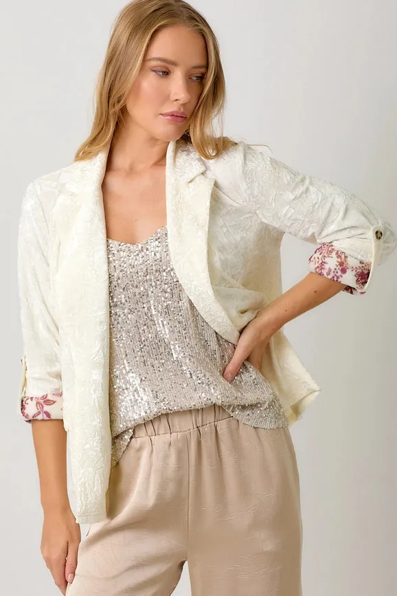 Rolled Sleeve Velvet Blazer Ivory