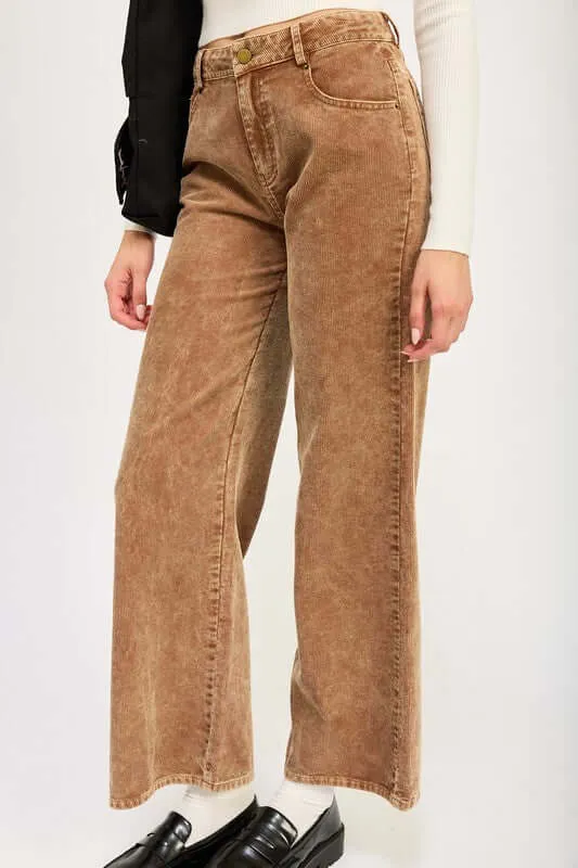 Sepia Brown Distressed Corduroy Wide Leg Pants