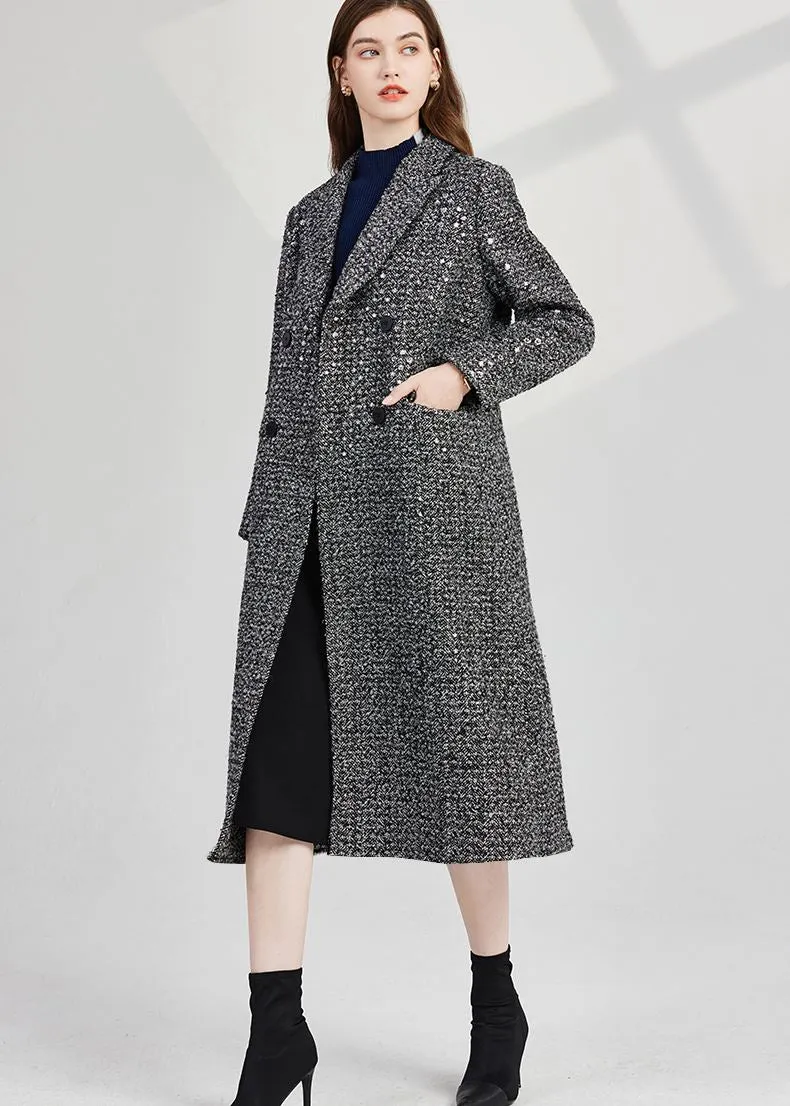 Sequin Wool Blend Tweed Double Breasted Long Coat