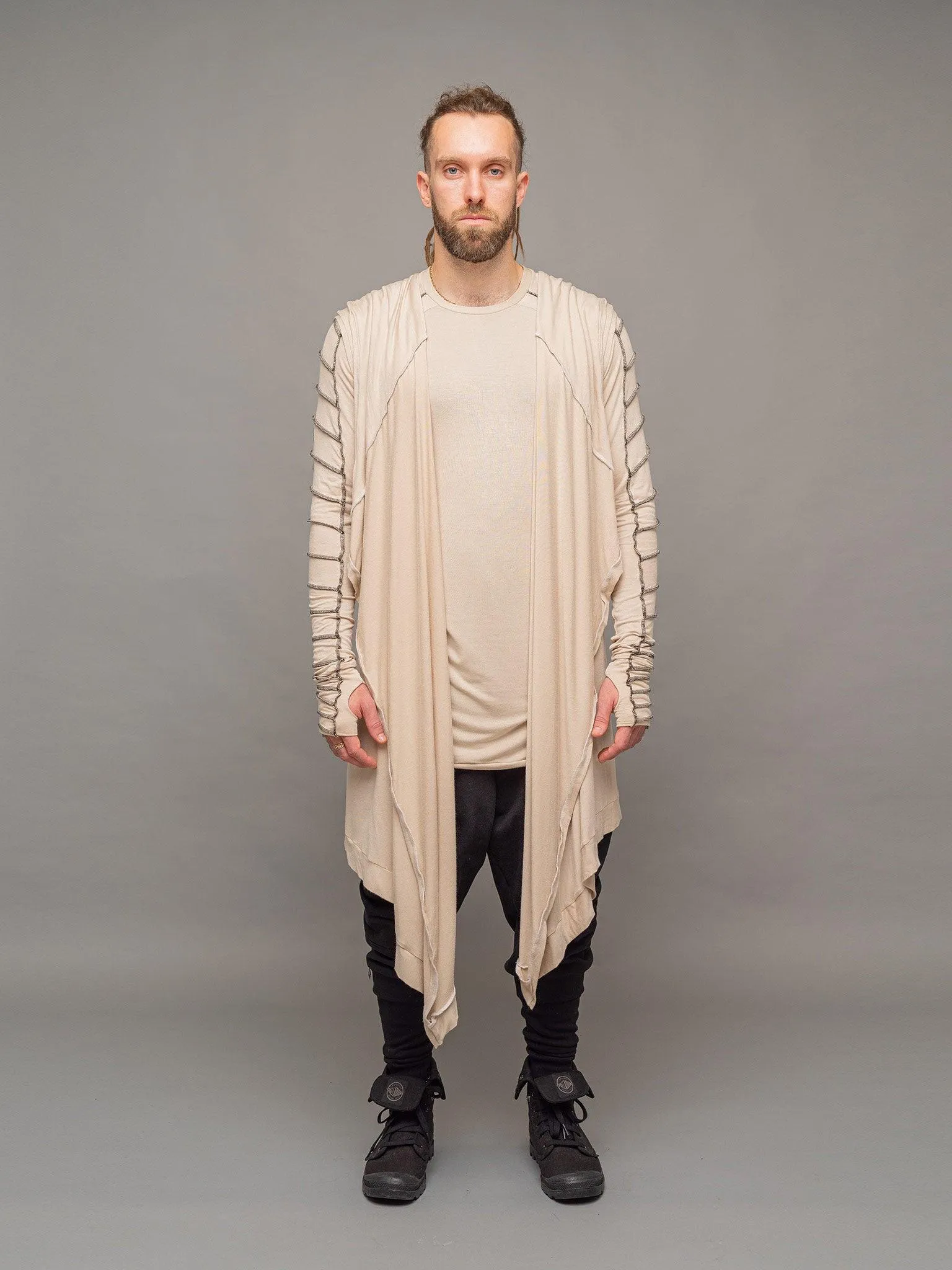 Shadow Men's Long Sleeveless Cardigan with Hood - Sand