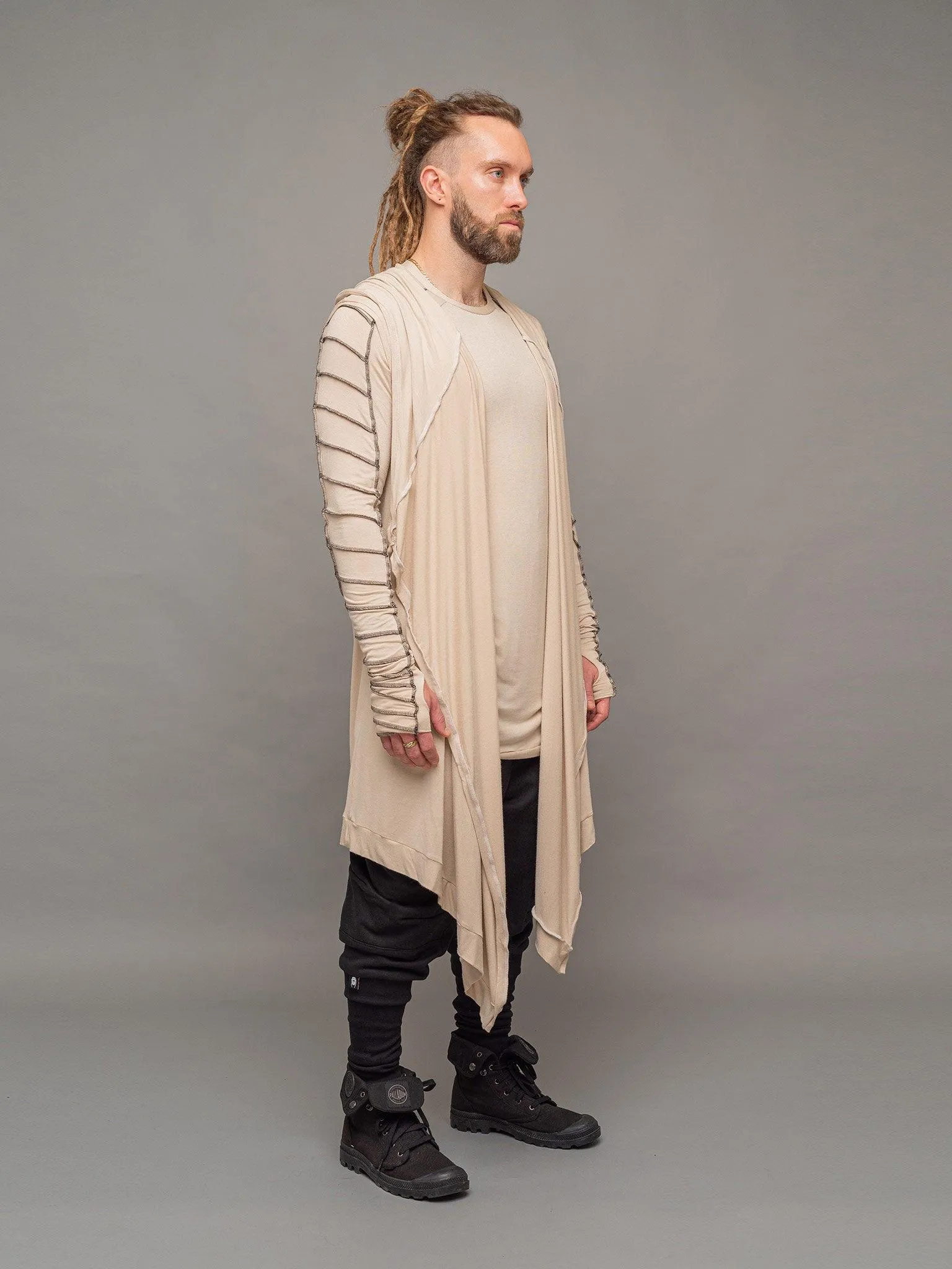 Shadow Men's Long Sleeveless Cardigan with Hood - Sand