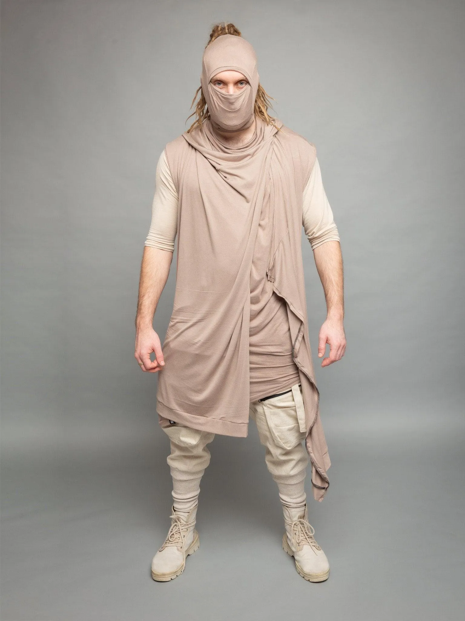 Shadow Men's Long Sleeveless Cardigan with Hood - Taupe