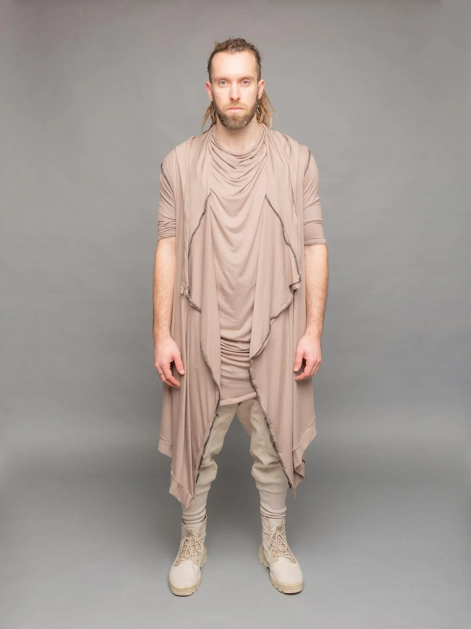 Shadow Men's Long Sleeveless Cardigan with Hood - Taupe