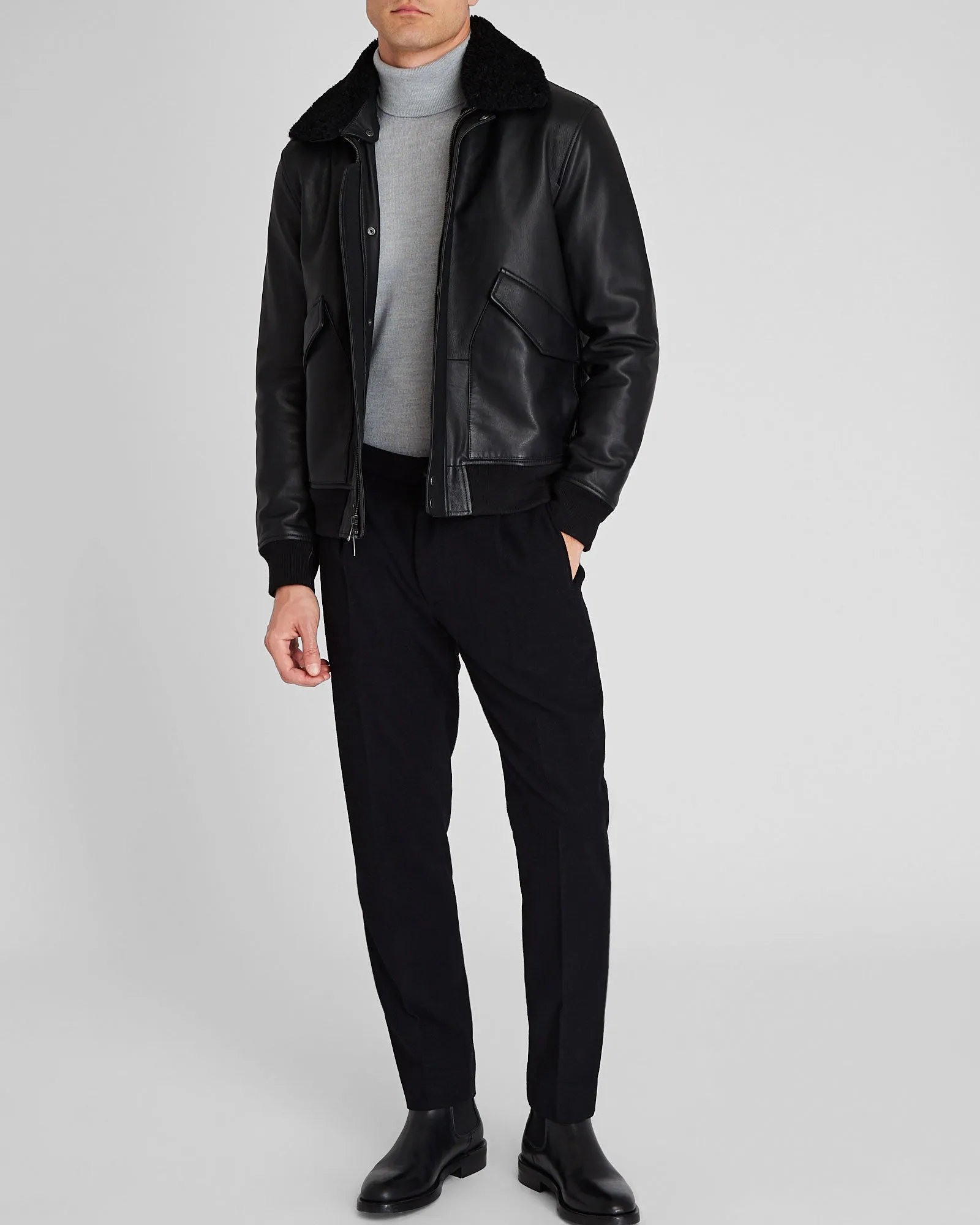 Shearling Padded Leather Bomber Jacket