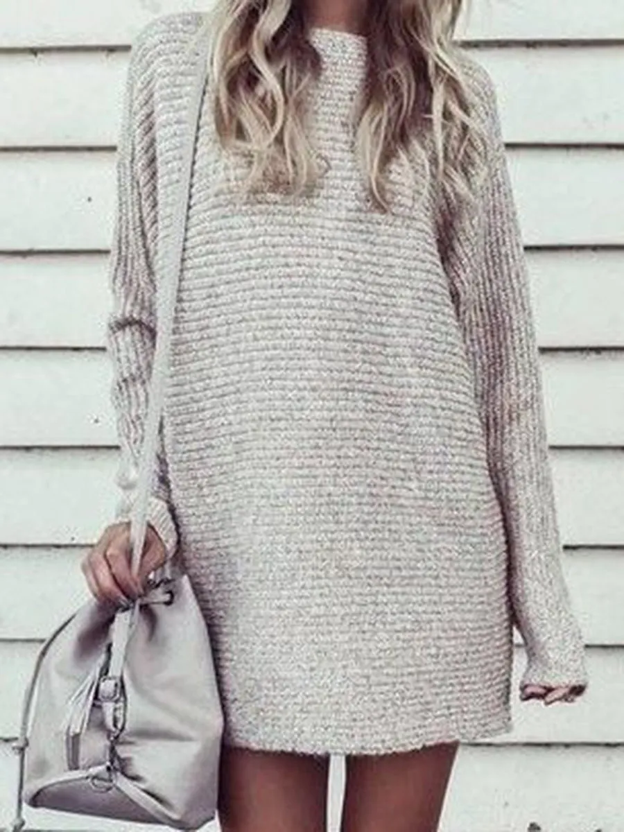 Simple Solid Color Long Sleeve Casual Knitted Dress