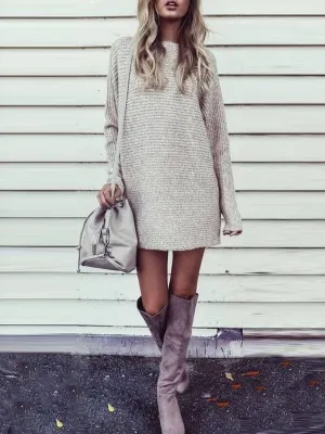 Simple Solid Color Long Sleeve Casual Knitted Dress