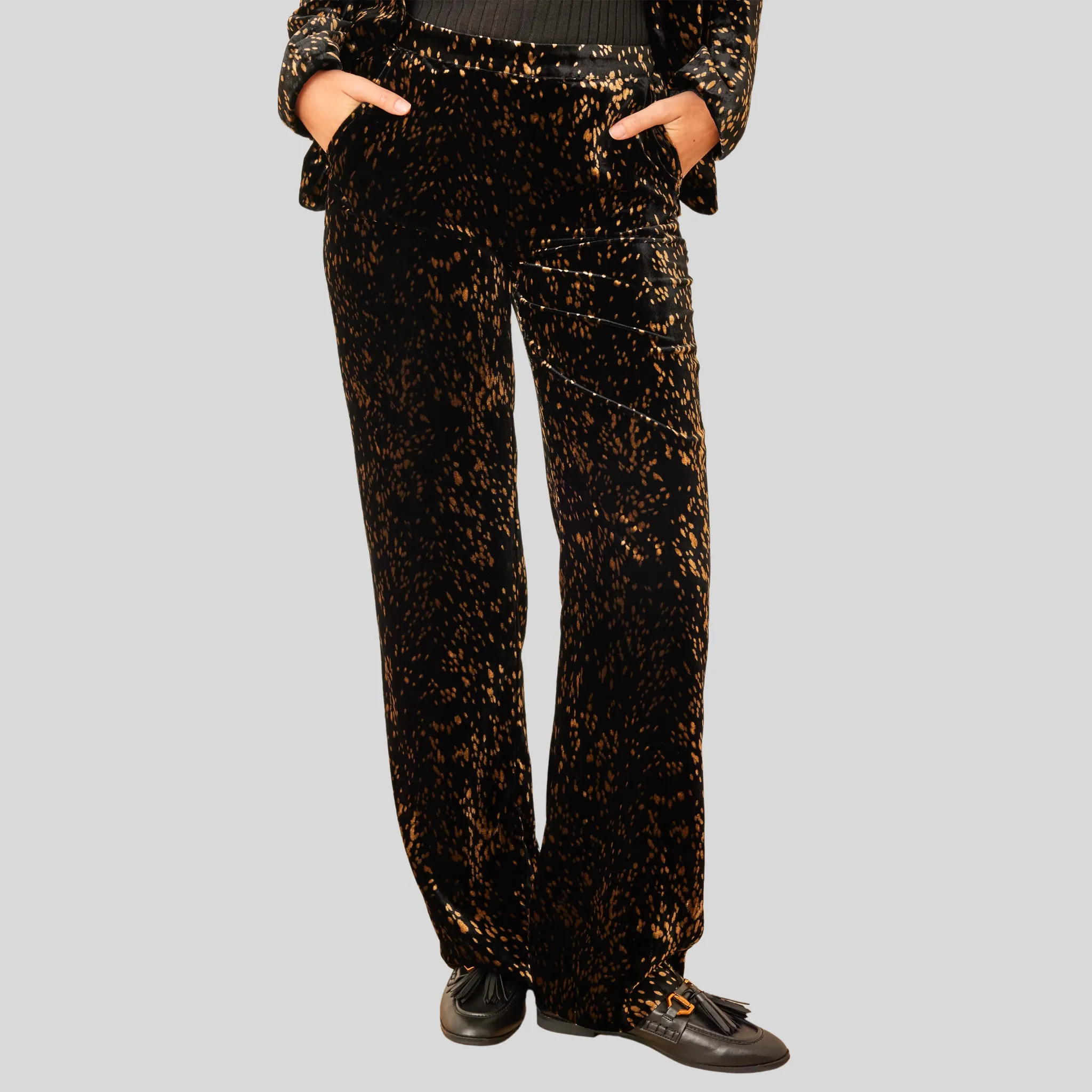 Spots Print High Waist Velvet Pants - Black