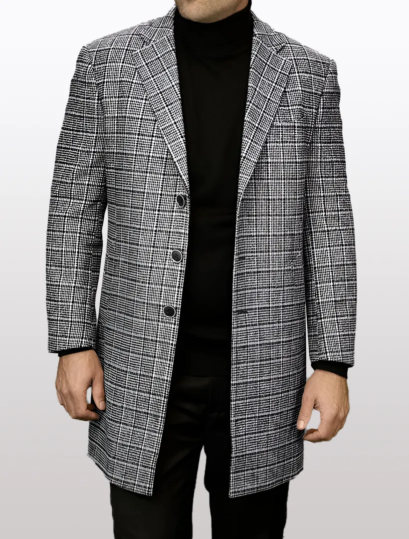 Statement Men's Grey with Black Windowpane 100% Wool 3/4 Coat