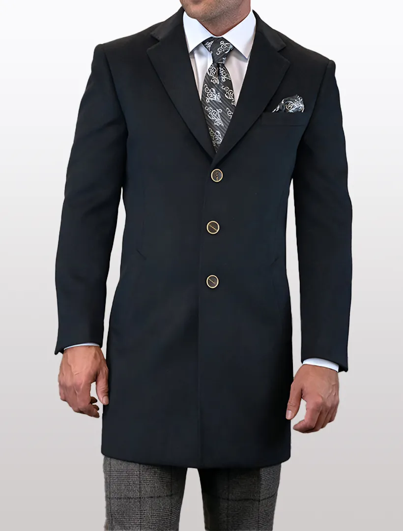 Statement Men's Solid Black 100% Wool Over Coat