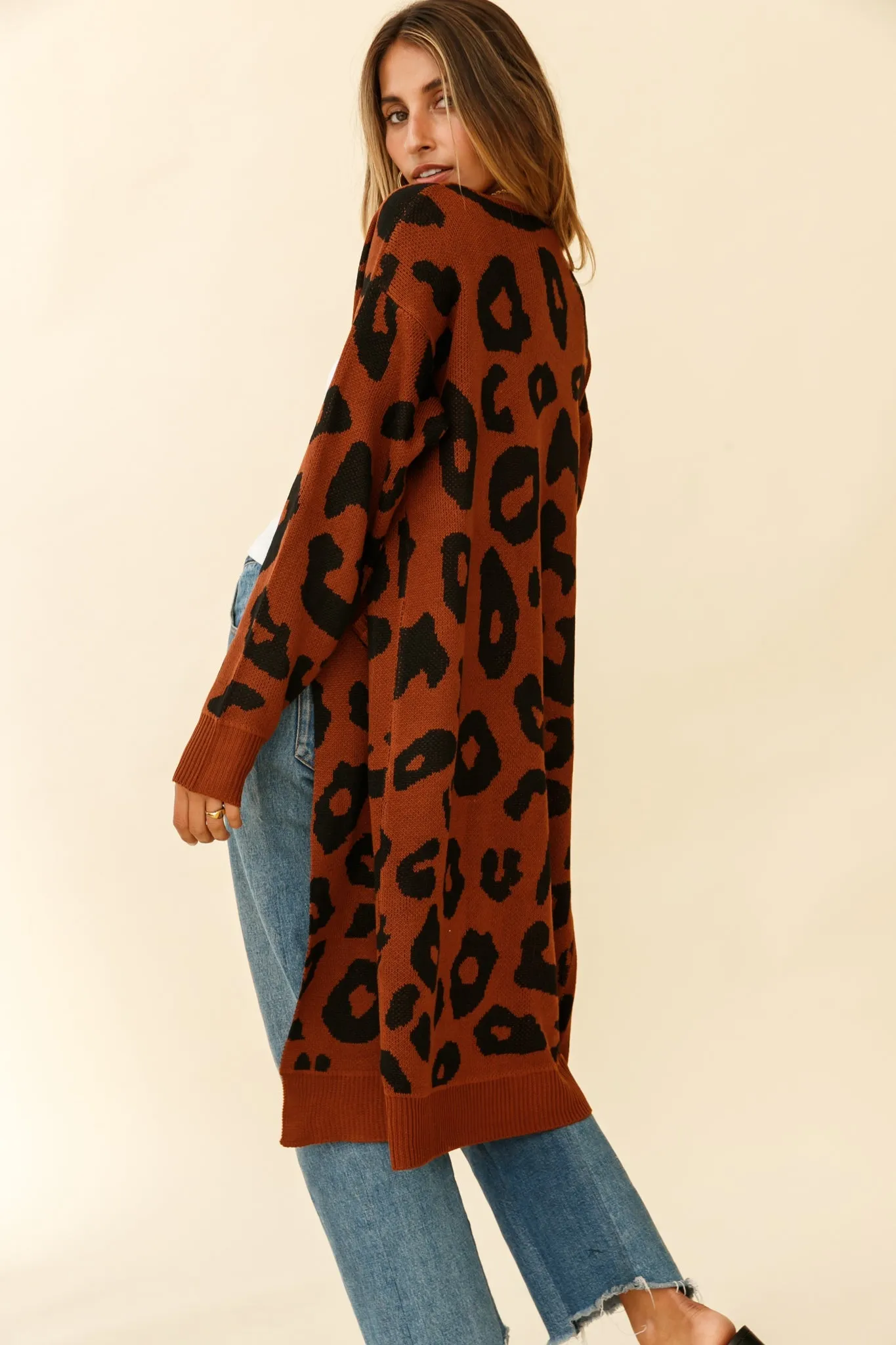 Switch It Up Longline Pocket Knit Cardigan Animal Print Brown