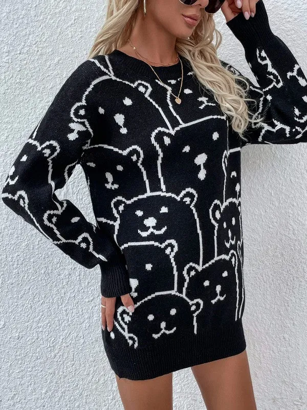 TEEK - Bear Crowd Long Sleeve Round Neck Pullover Sweater